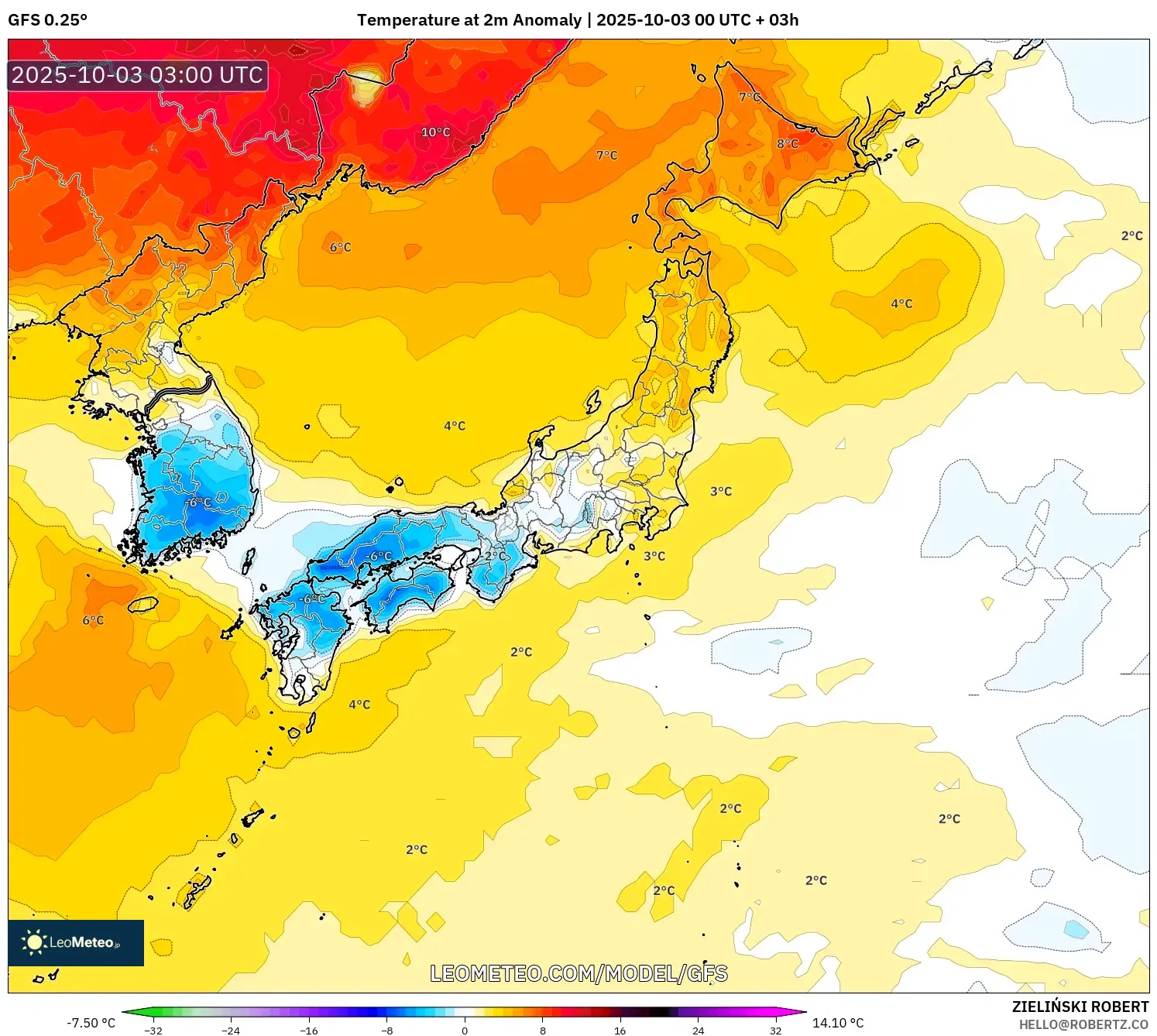 GFS model - Japan, Temperature at 2m Anomaly