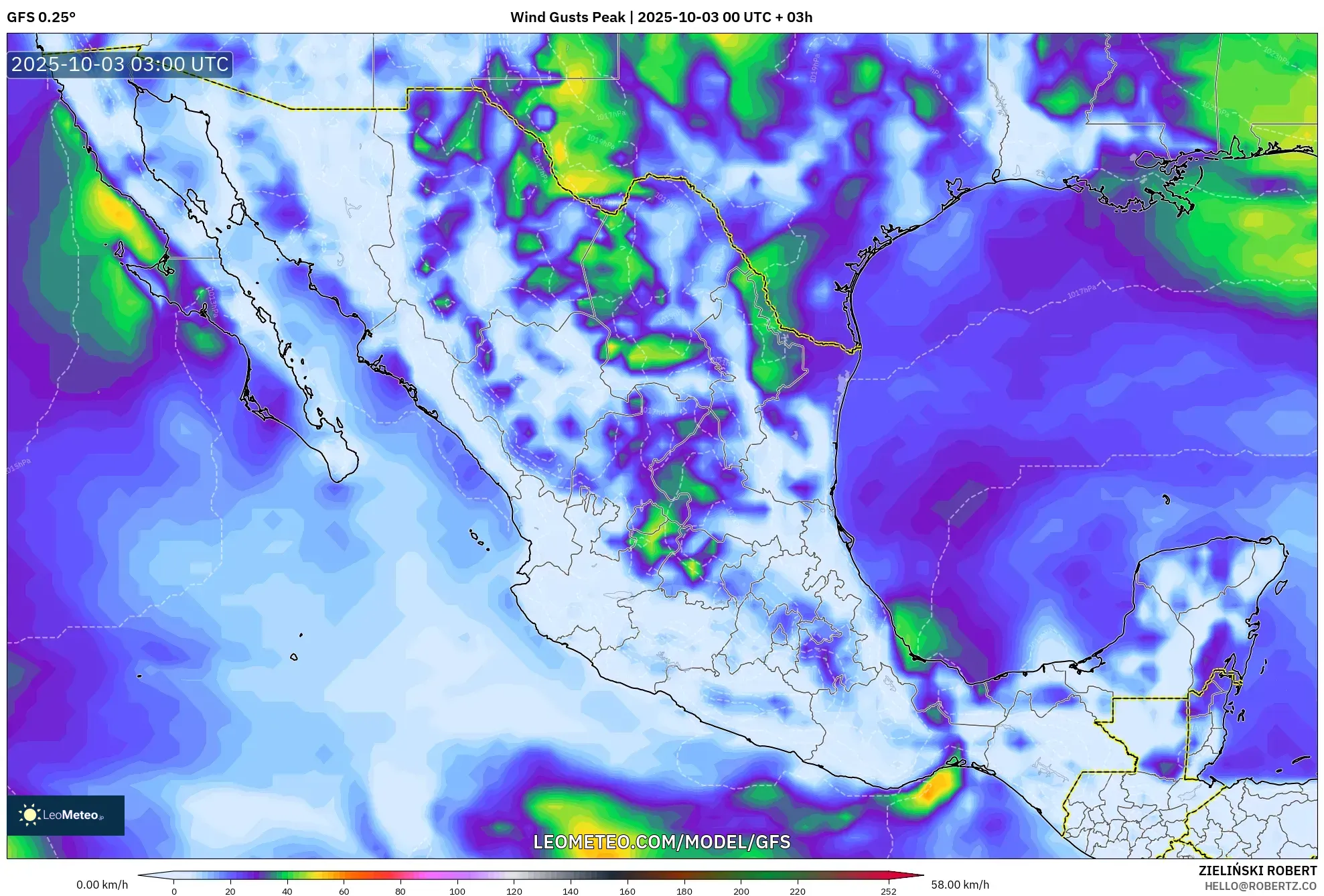 GFS model - Mexico, Wind Gusts Peak