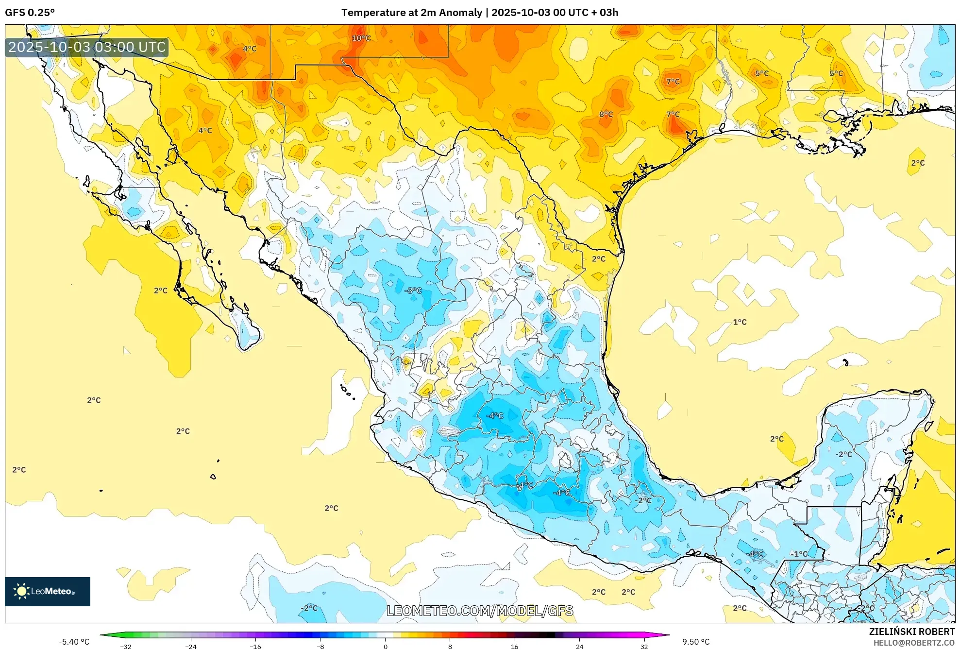 GFS model - Mexico, Temperature at 2m Anomaly