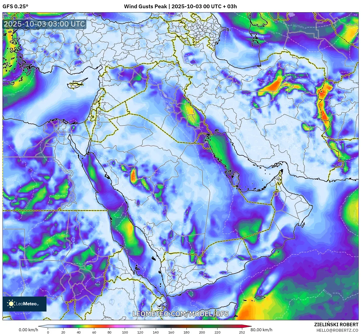 GFS model - Middle East, Wind Gusts Peak