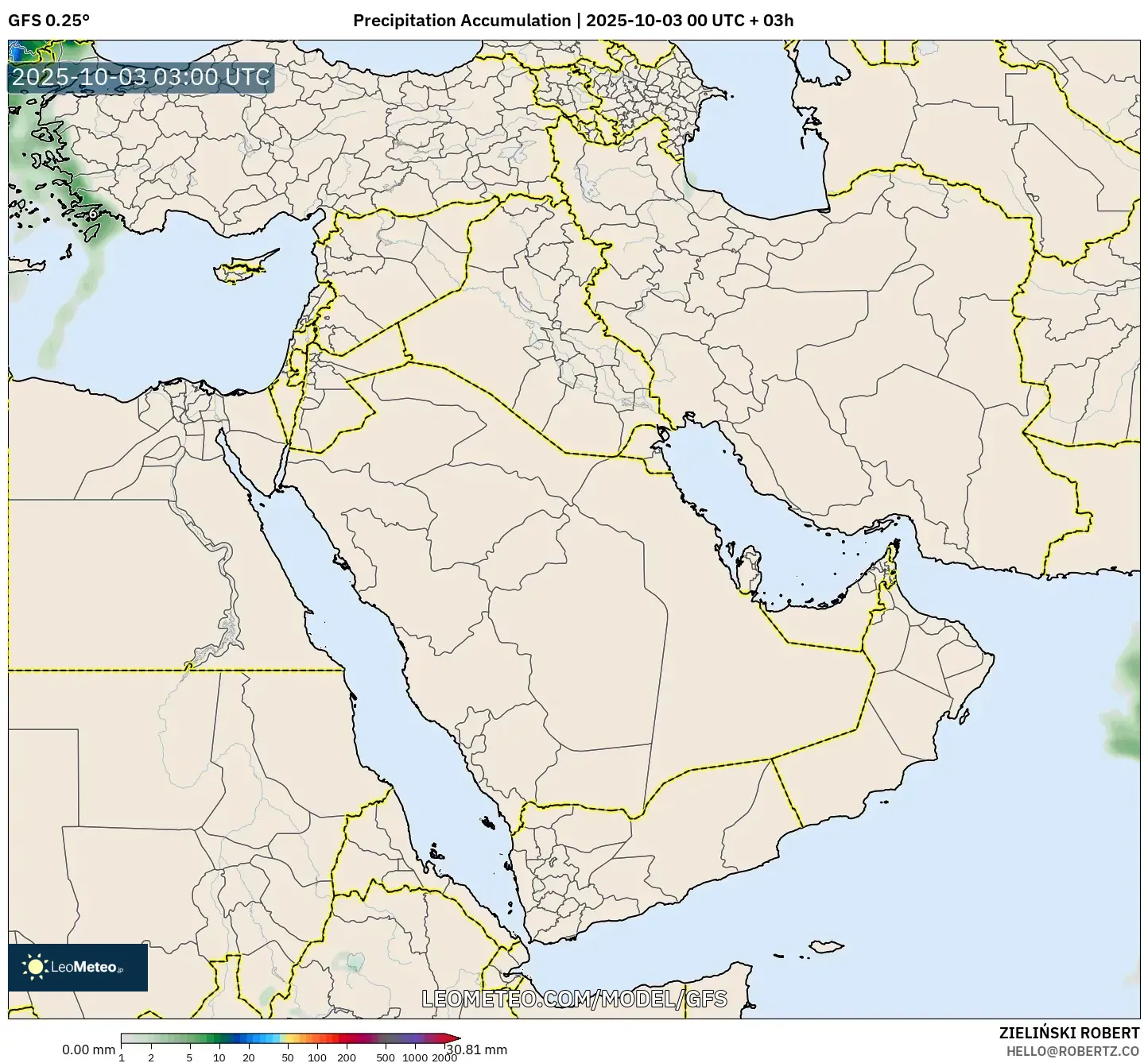 GFS model - Middle East, Precipitation Accumulation