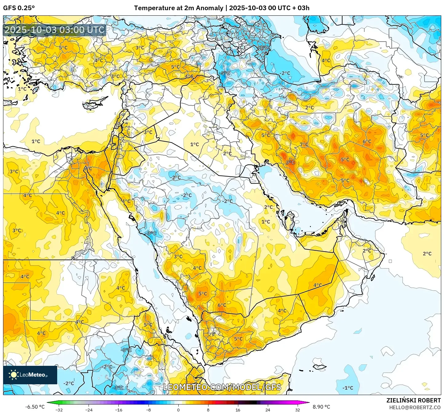 GFS model - Middle East, Temperature at 2m Anomaly