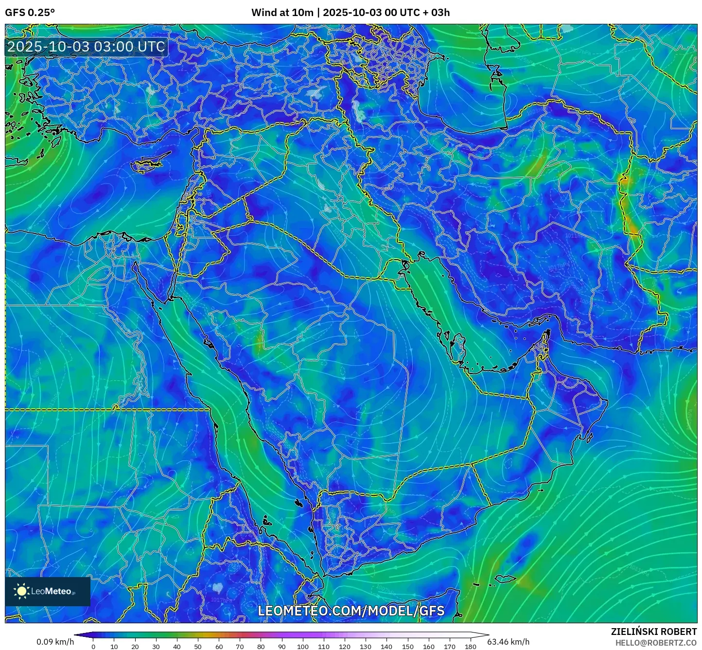 GFS model - Middle East, Wind at 10m