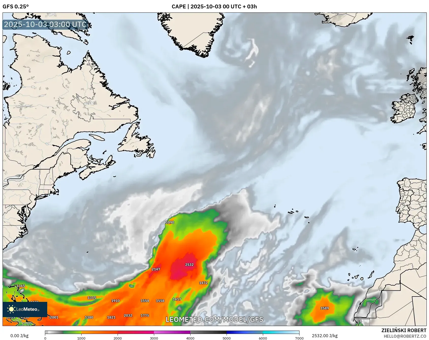GFS model - North Atlantic, CAPE