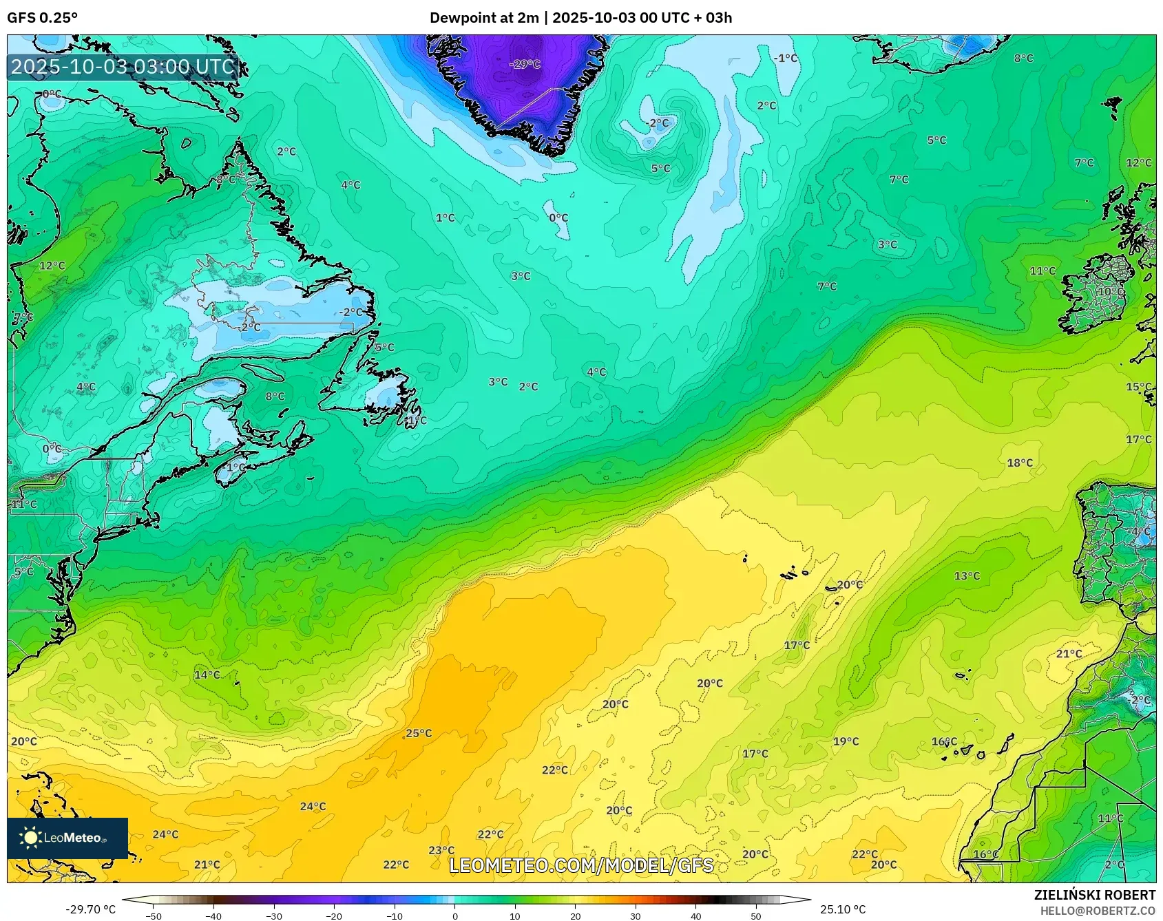 GFS model - North Atlantic, Dewpoint at 2m