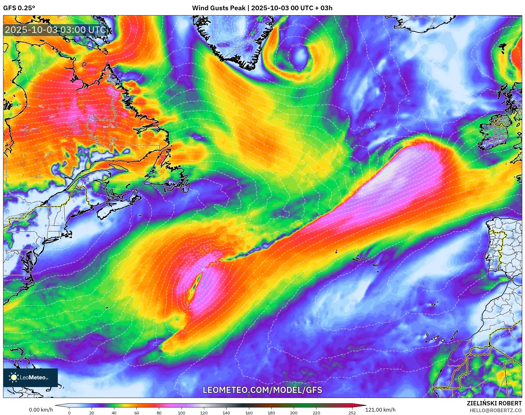 GFS model - North Atlantic, Wind Gusts Peak