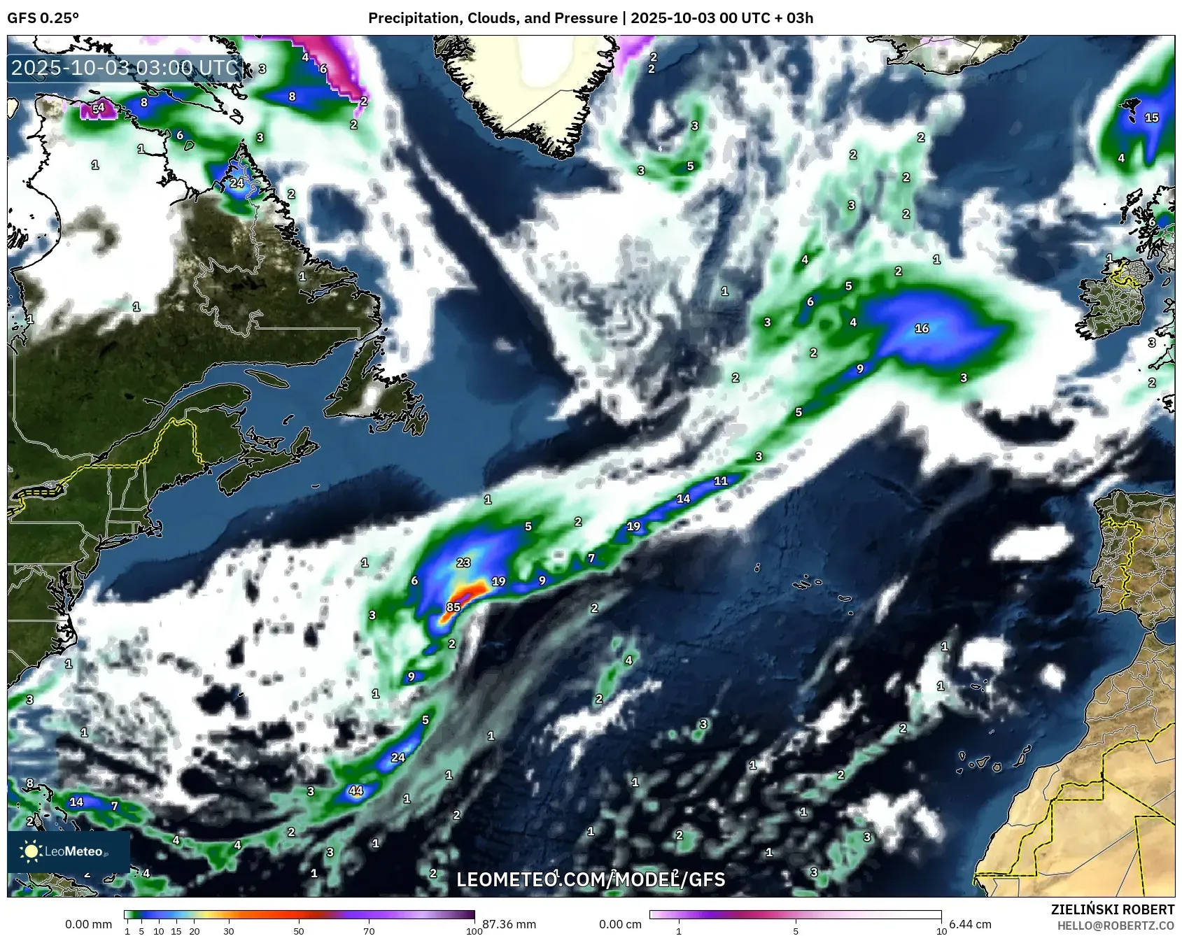GFS model - North Atlantic, Precipitation, Clouds, and Pressure