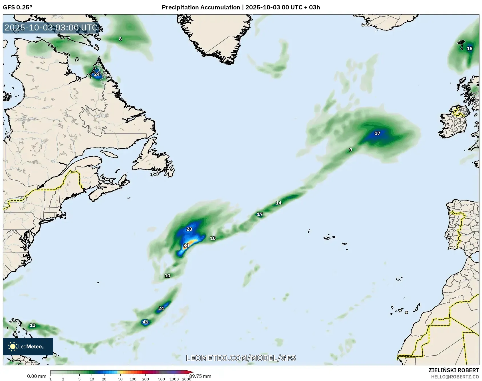 GFS model - North Atlantic, Precipitation Accumulation