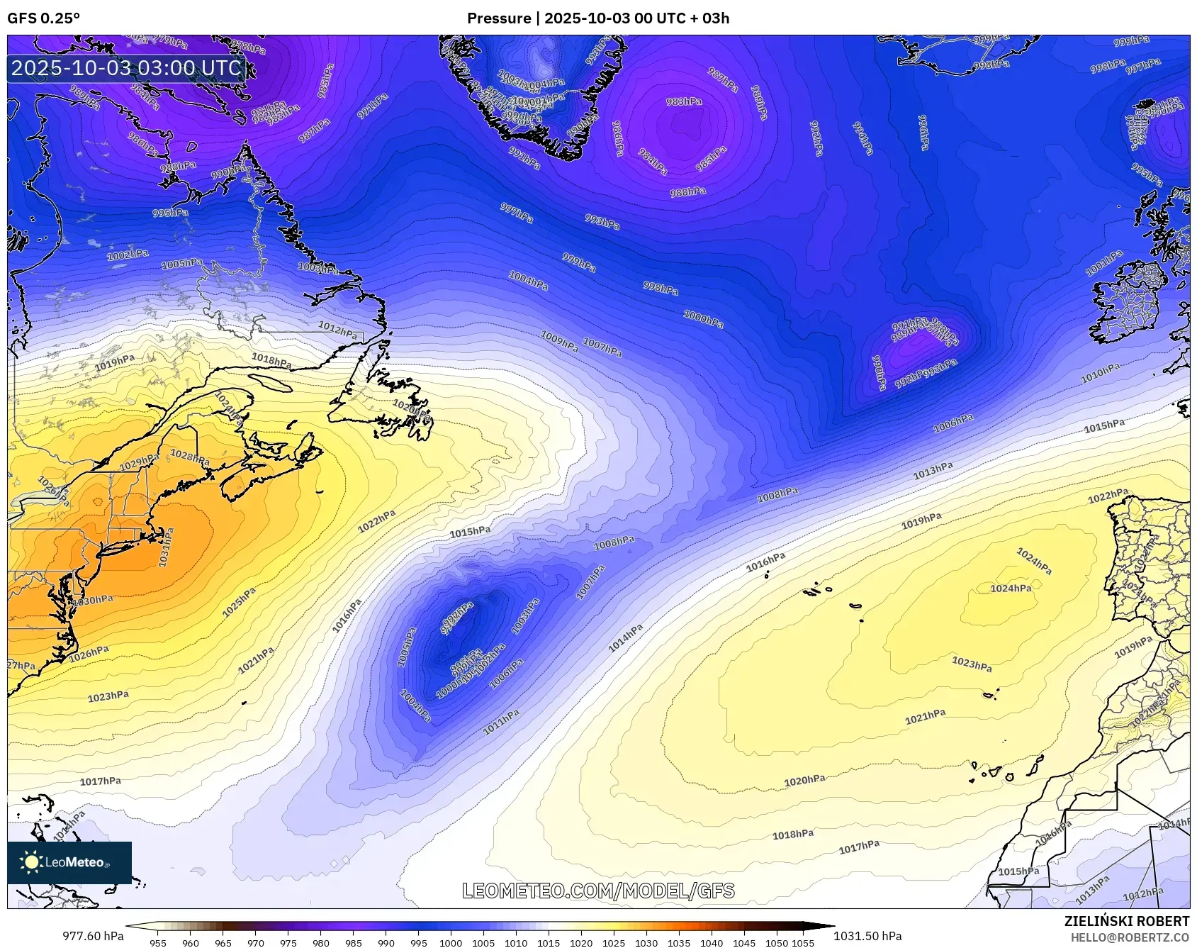 GFS model - North Atlantic, Pressure GFS model - North Atlantic, Pressure