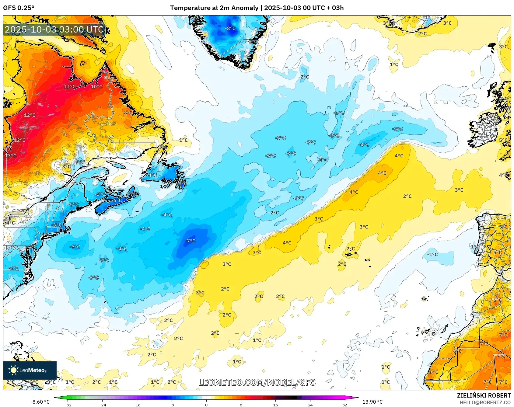 GFS model - North Atlantic, Temperature at 2m Anomaly