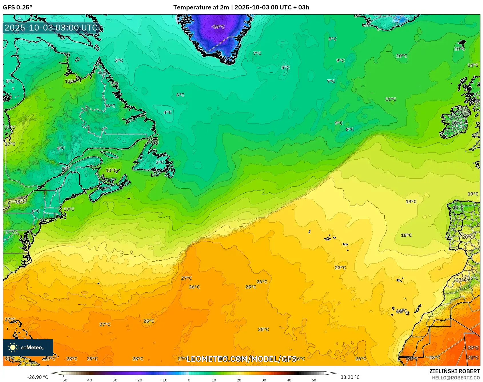 GFS model - North Atlantic, Temperature at 2m