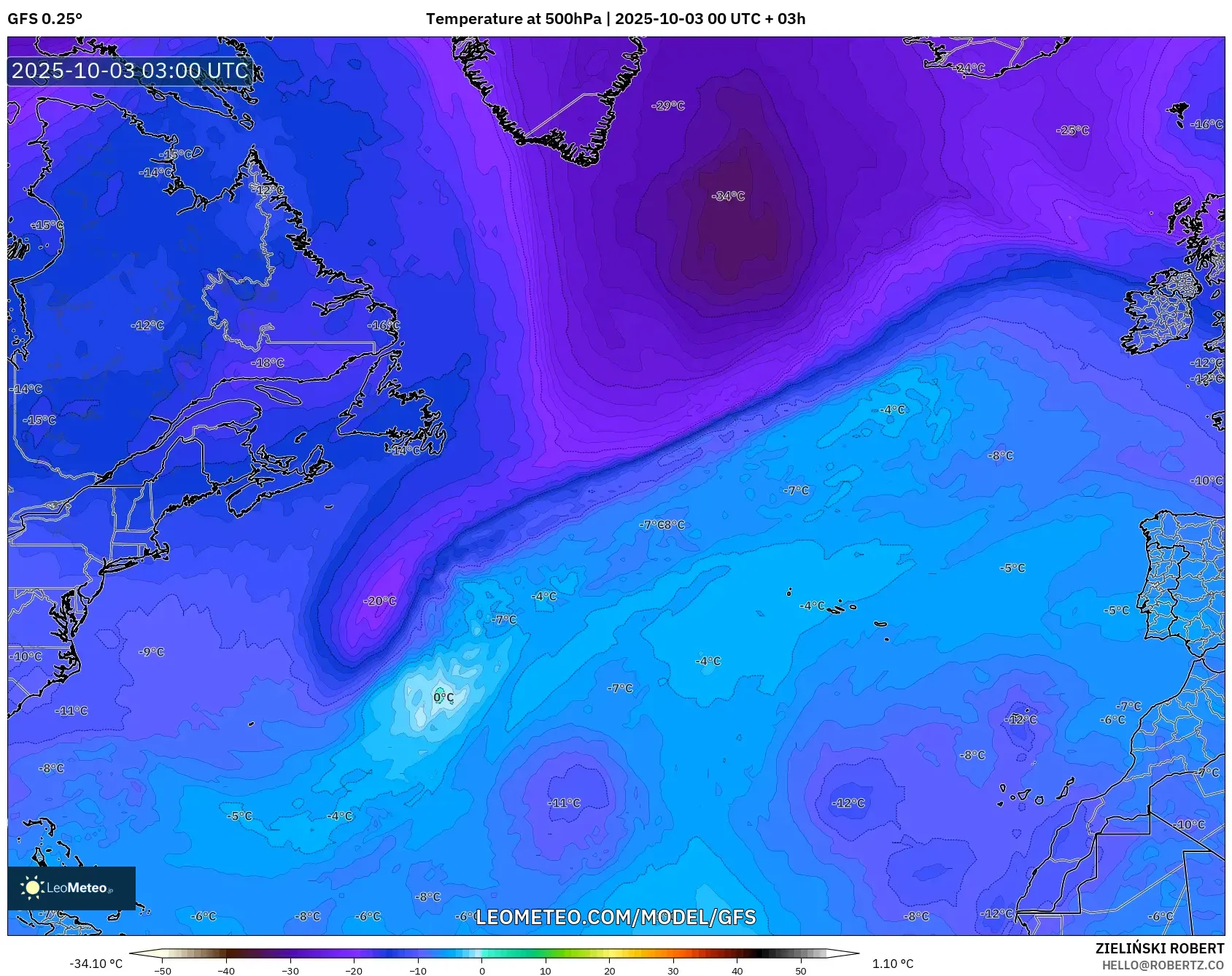 GFS model - North Atlantic, Temperature at 500hPa GFS model - North Atlantic, Temperature at 500hPa