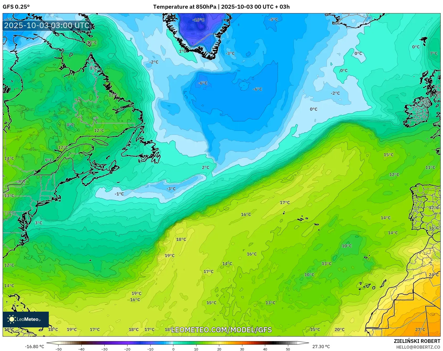 GFS model - North Atlantic, Temperature at 850hPa
