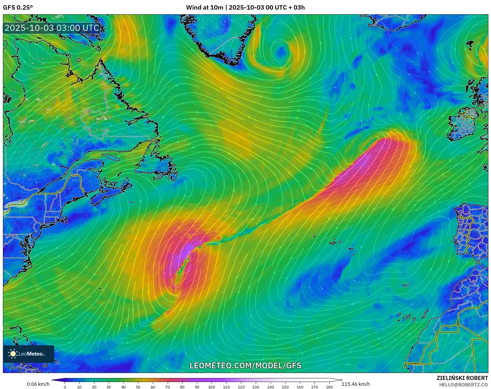 GFS model - North Atlantic, Wind at 10m