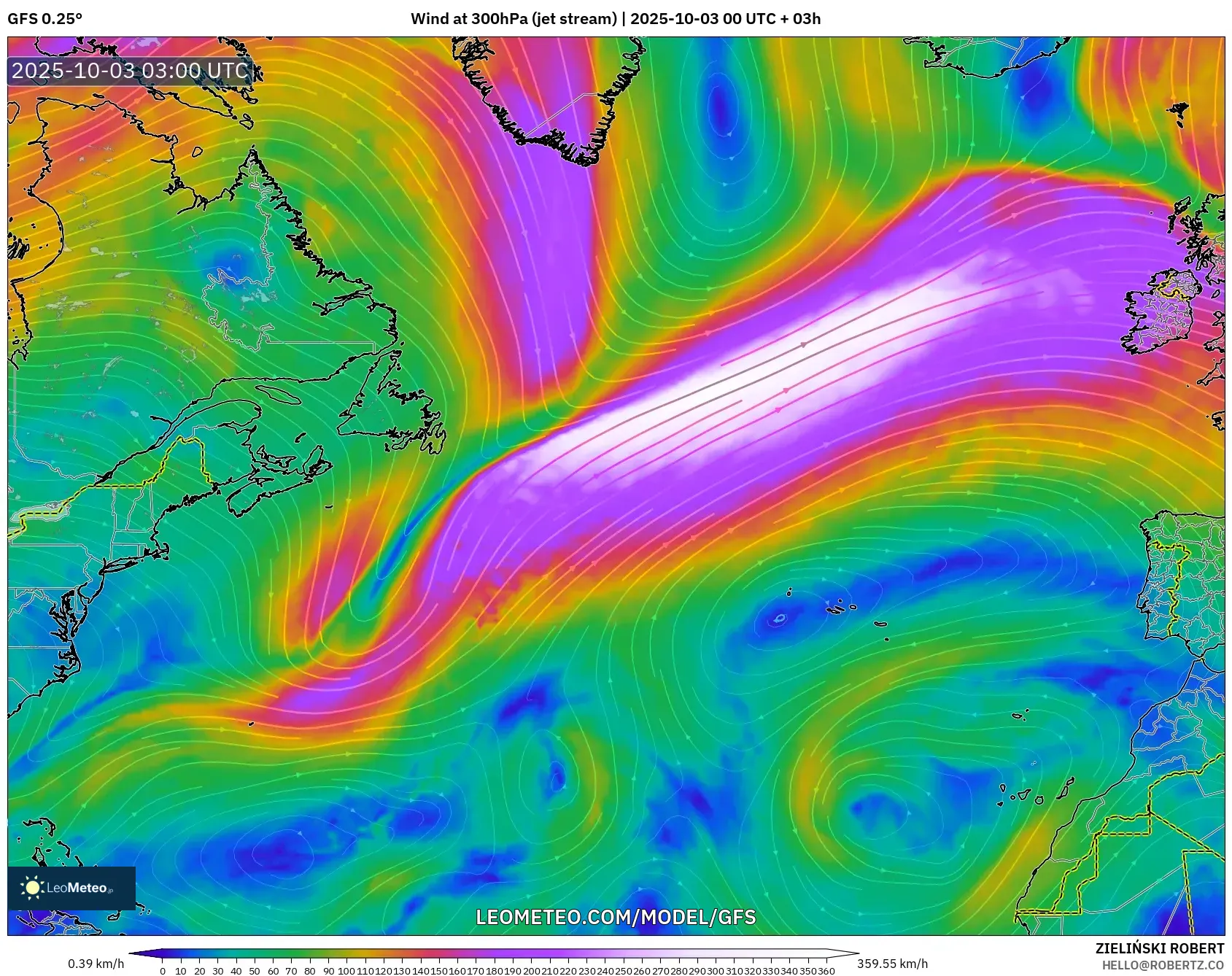 GFS model - North Atlantic, Wind at 300hPa (jet stream)
