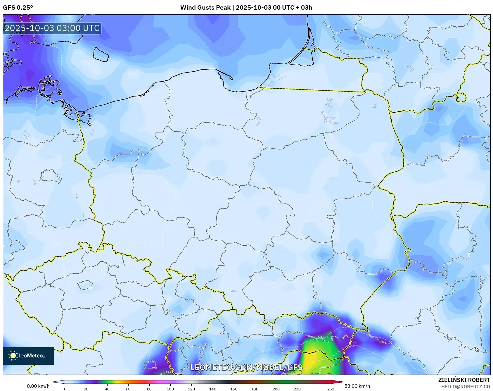 GFS model - Poland, Wind Gusts Peak