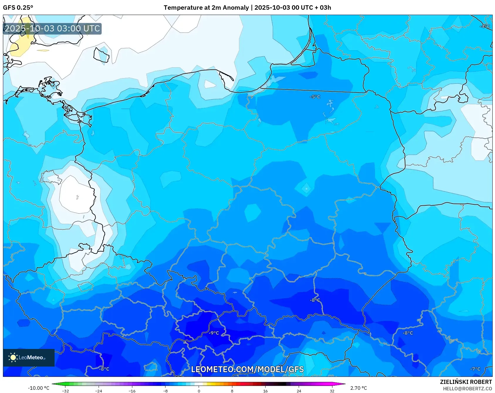 GFS model - Poland, Temperature at 2m Anomaly