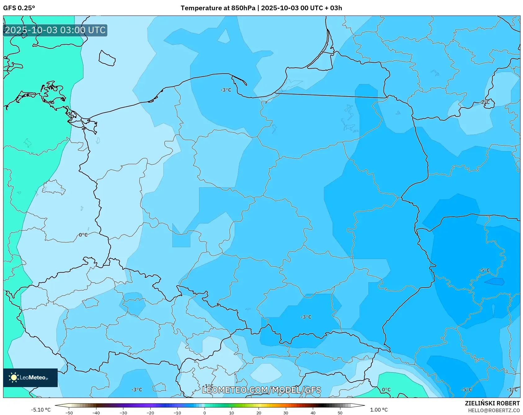 GFS model - Poland, Temperature at 850hPa