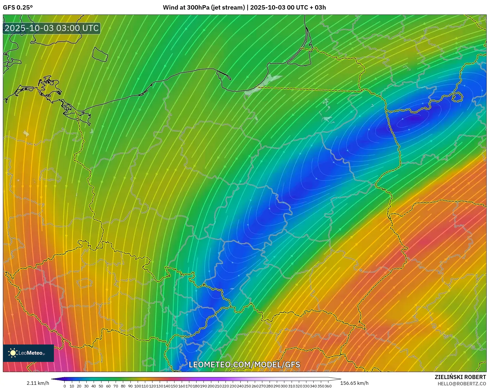 GFS model - Poland, Wind at 300hPa (jet stream)