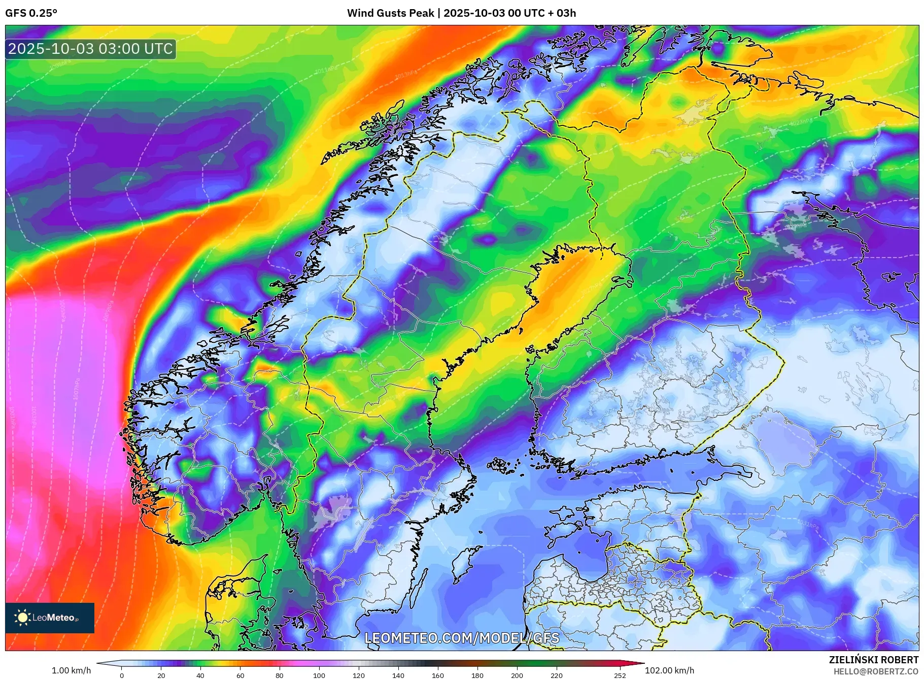 GFS model - Scandinavia, Wind Gusts Peak GFS model - Scandinavia, Wind Gusts Peak
