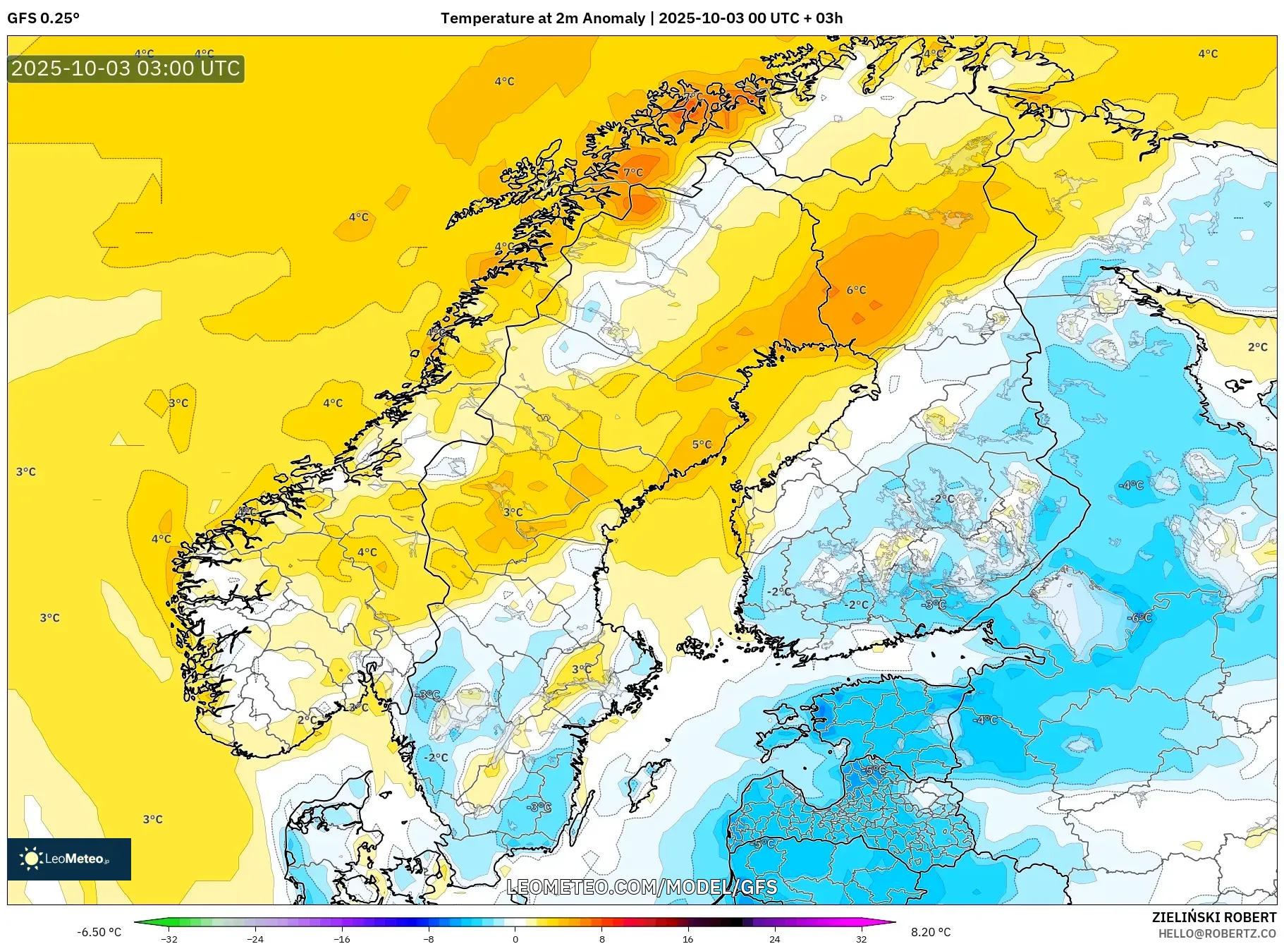GFS model - Scandinavia, Temperature at 2m Anomaly