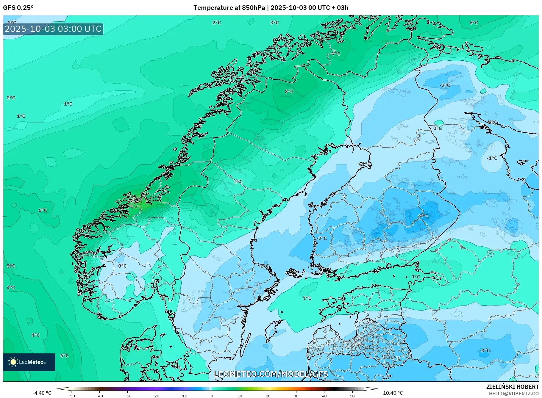 GFS model - Scandinavia, Temperature at 850hPa