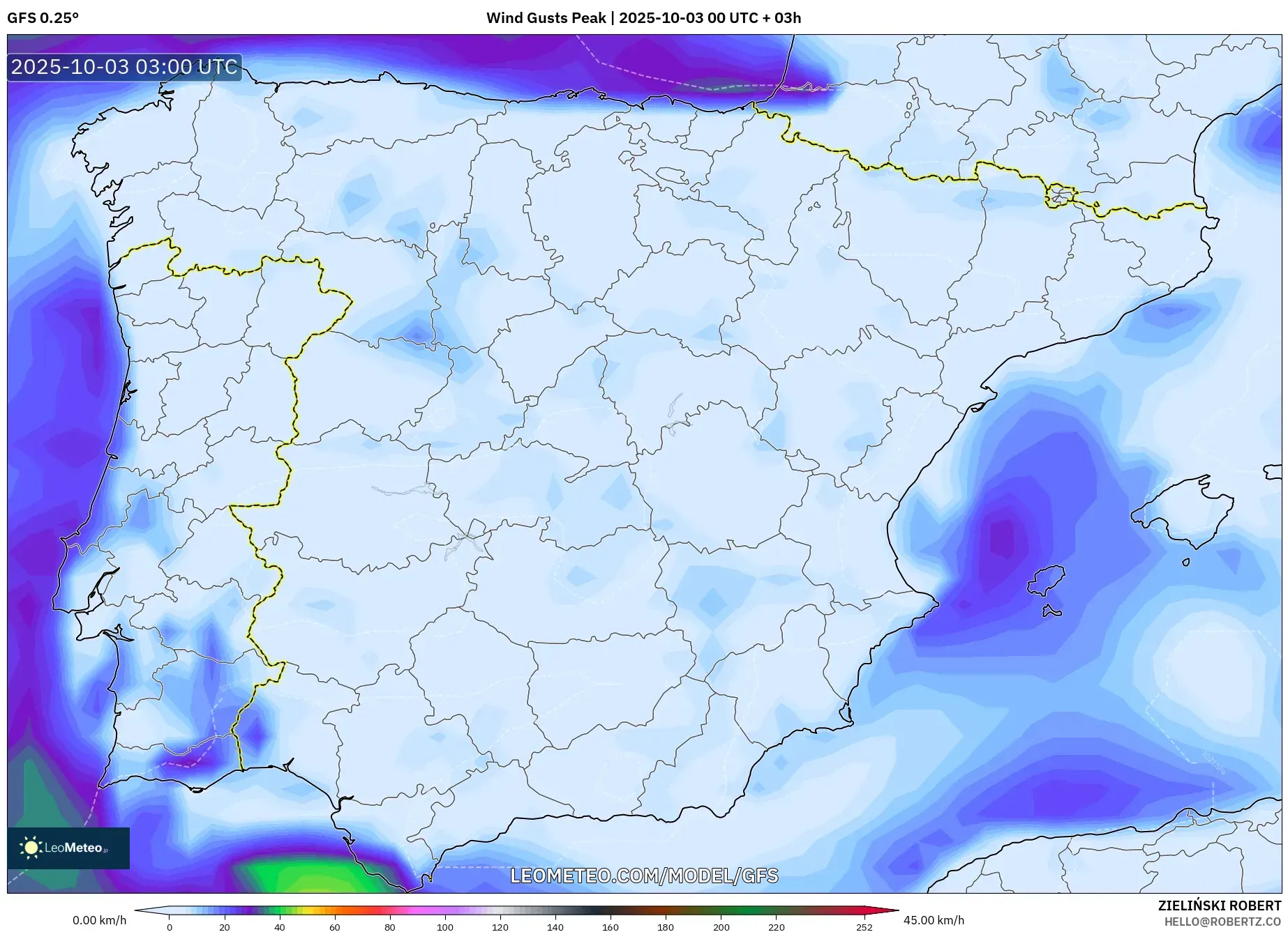 GFS model - Spain, Wind Gusts Peak