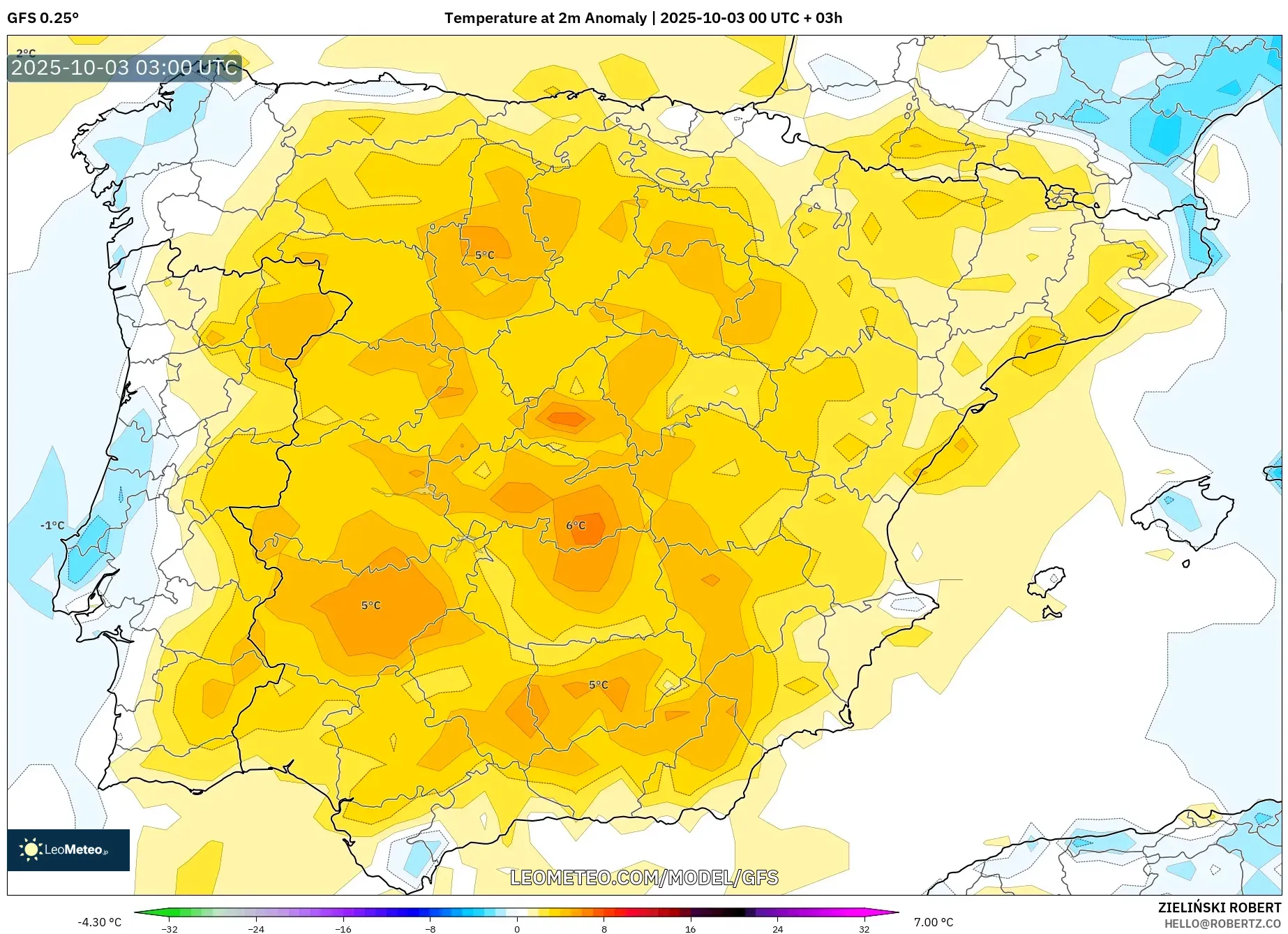GFS model - Spain, Temperature at 2m Anomaly