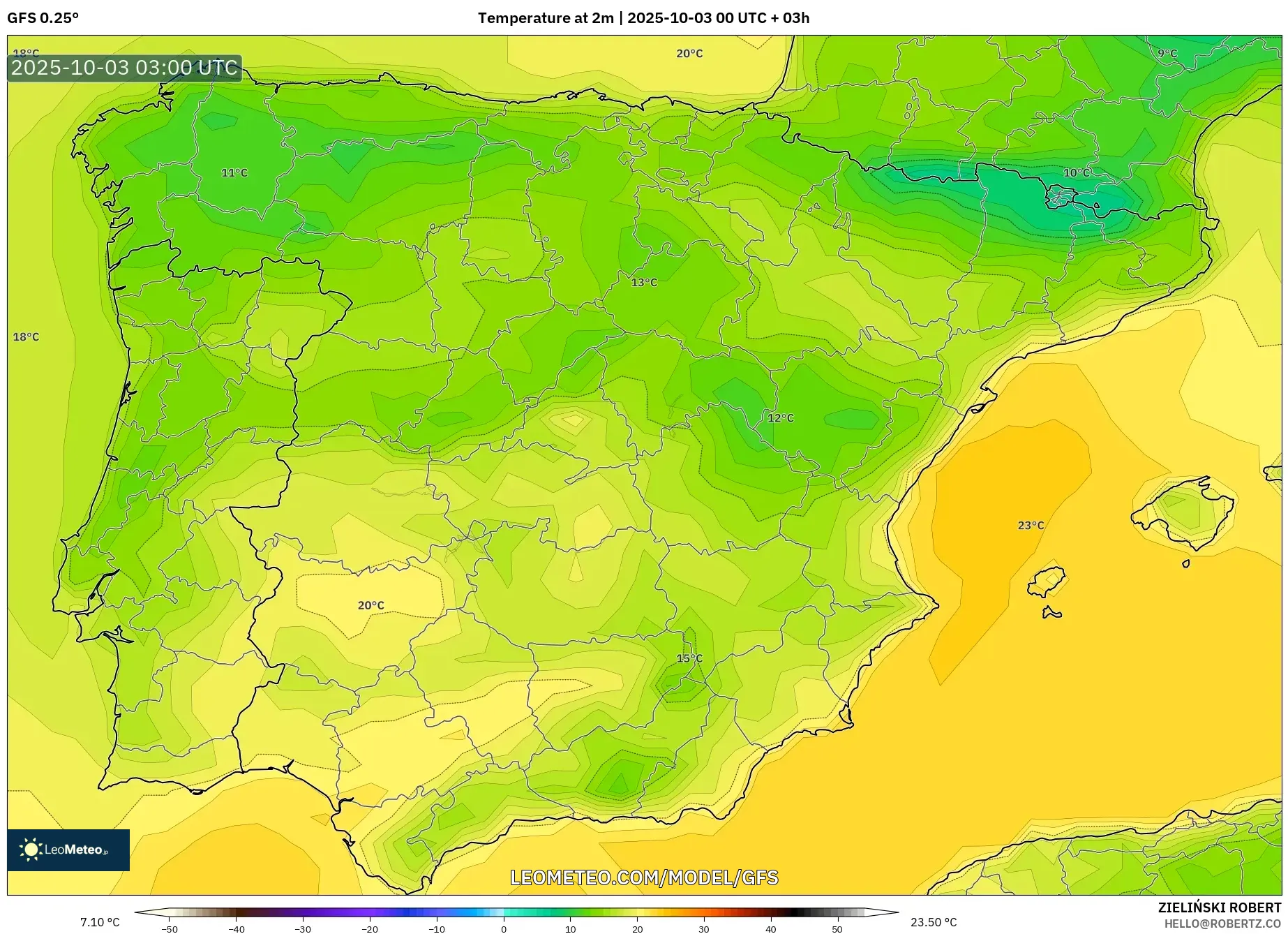 GFS model - Spain, Temperature at 2m