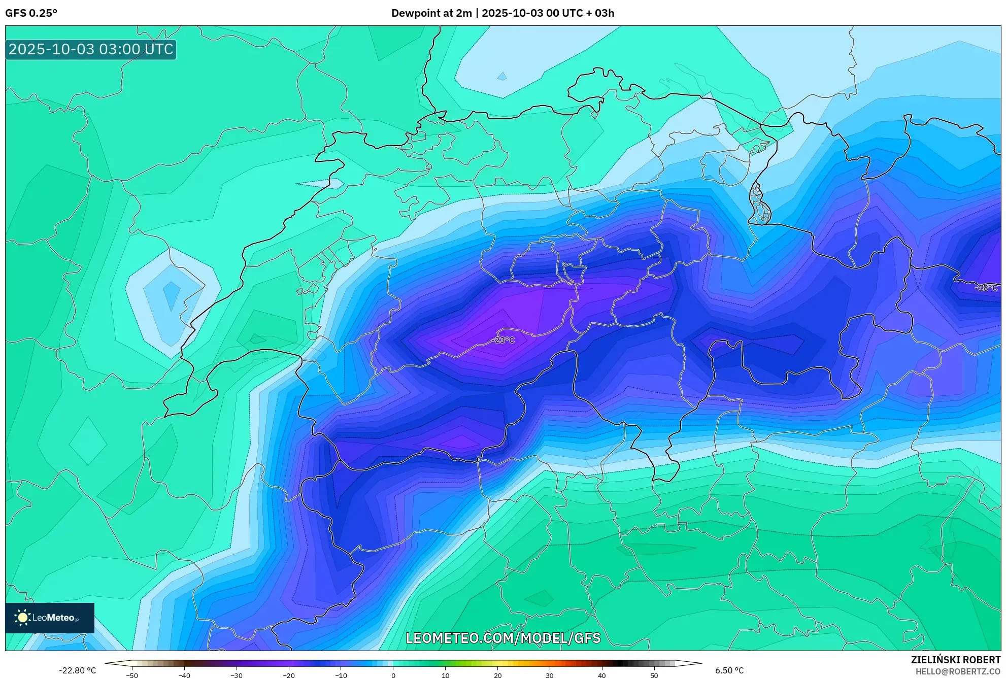 GFS model - Switzerland, Dewpoint at 2m