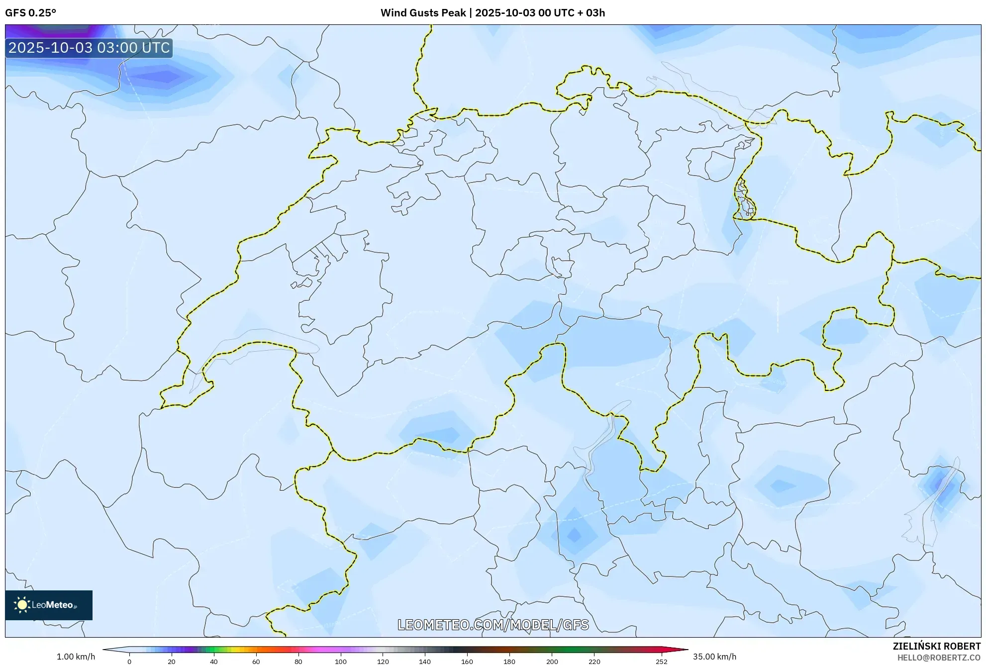 GFS model - Switzerland, Wind Gusts Peak