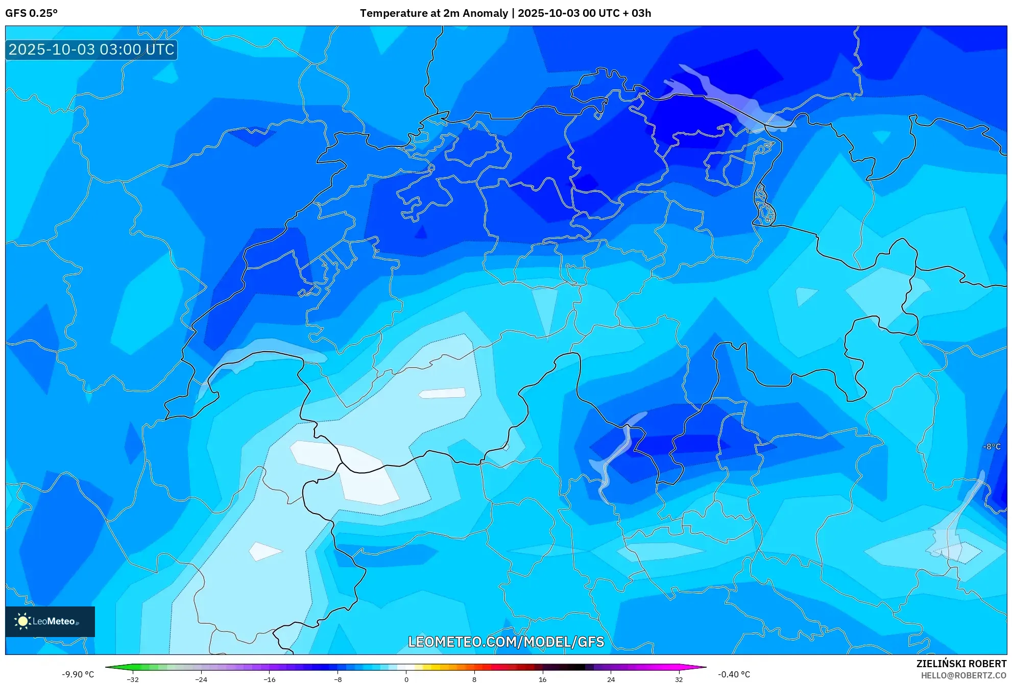 GFS model - Switzerland, Temperature at 2m Anomaly GFS model - Switzerland, Temperature at 2m Anomaly