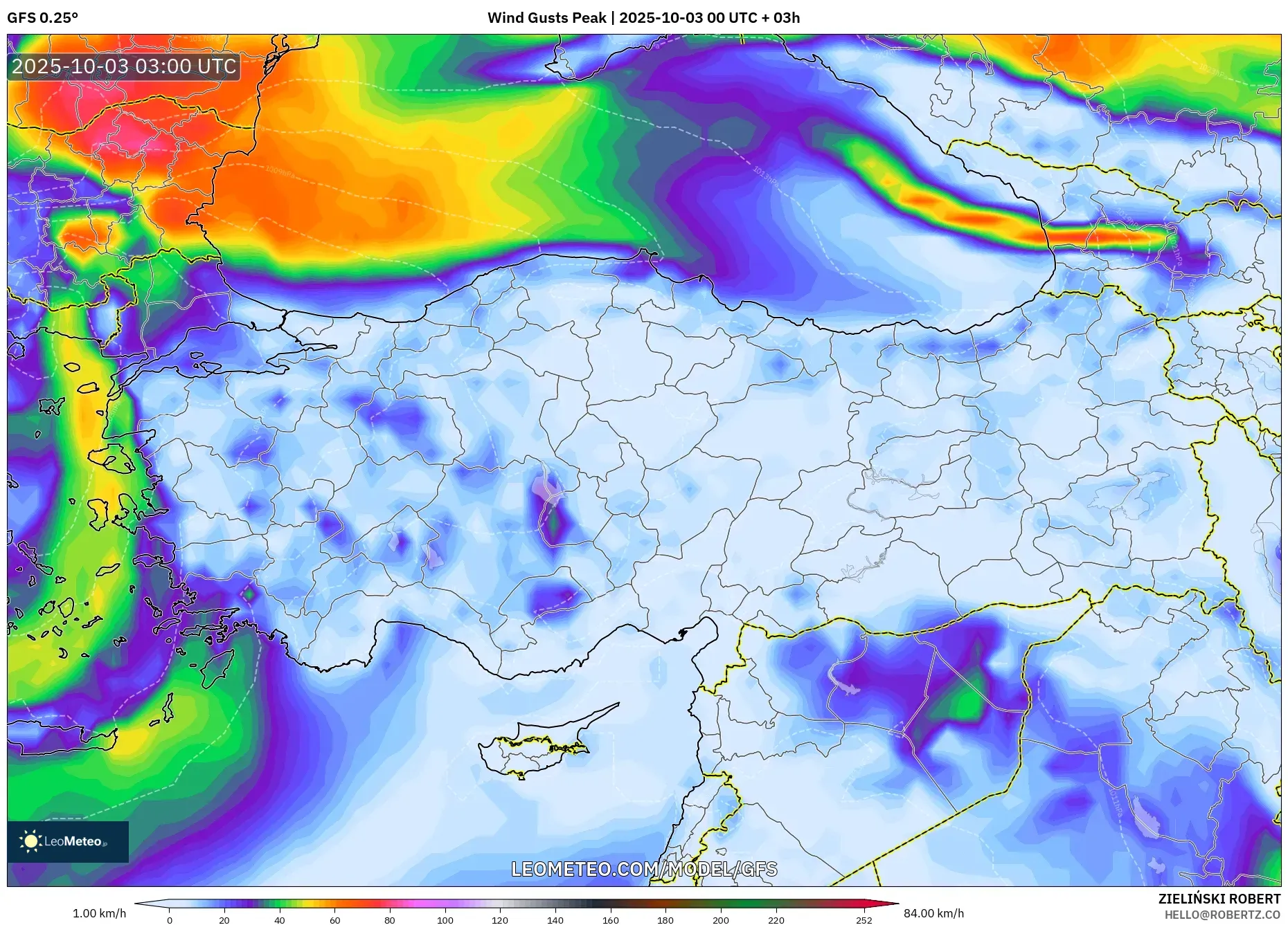 GFS model - Turkey, Wind Gusts Peak