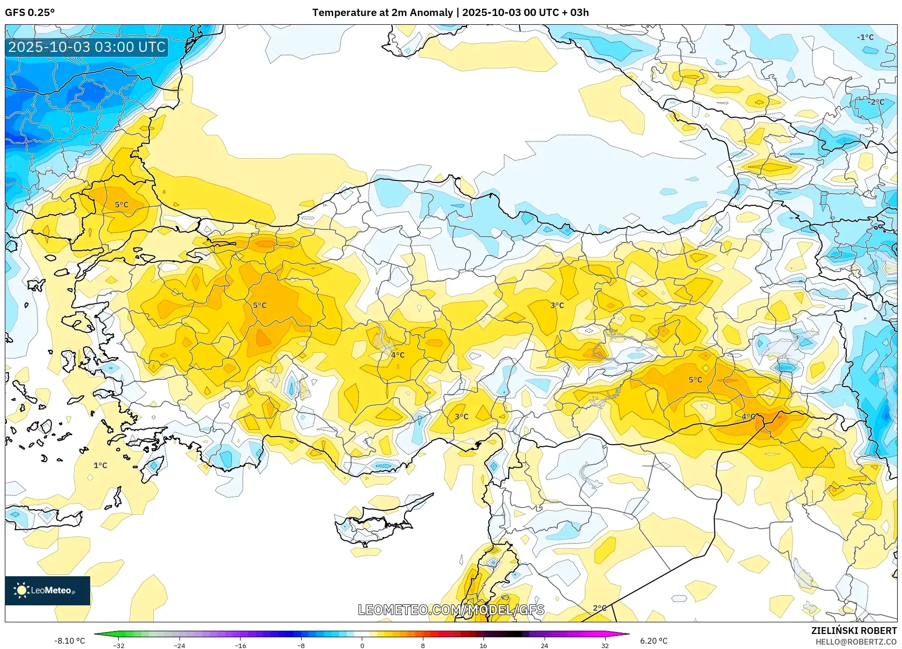 GFS model - Turkey, Temperature at 2m Anomaly