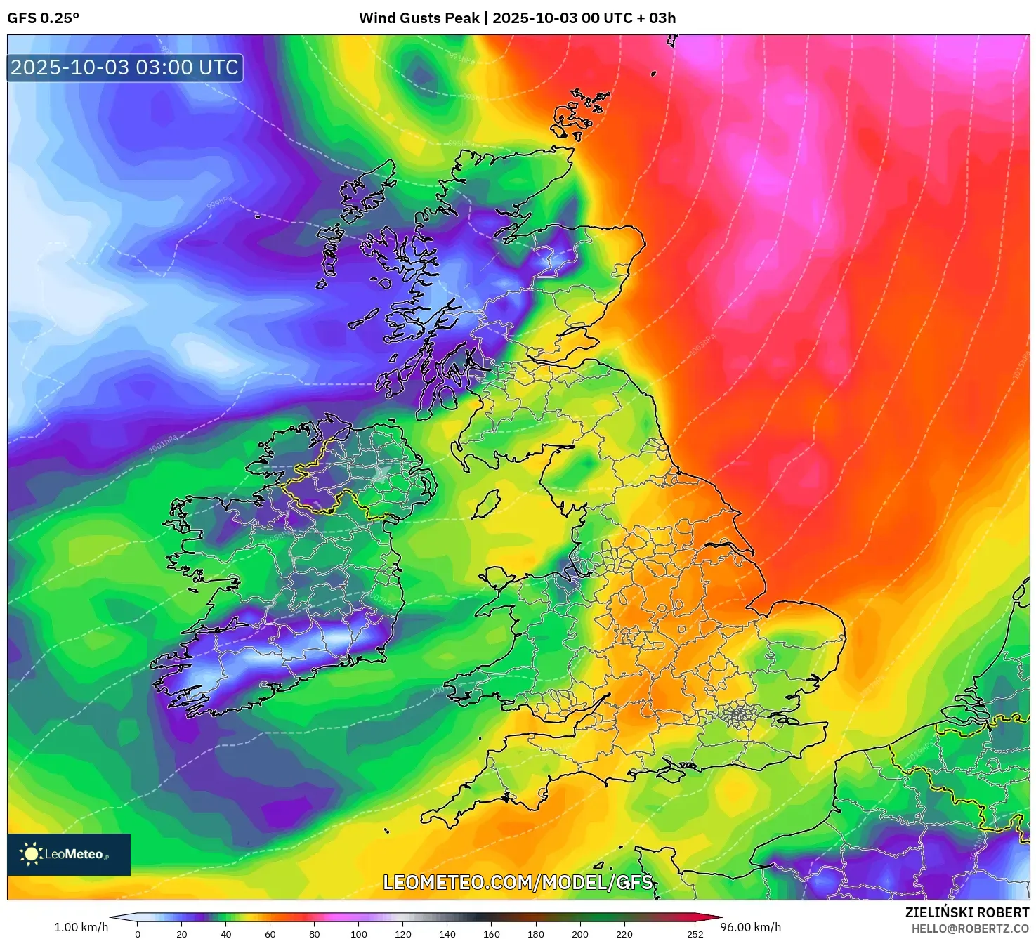 GFS model - United Kingdom, Wind Gusts Peak