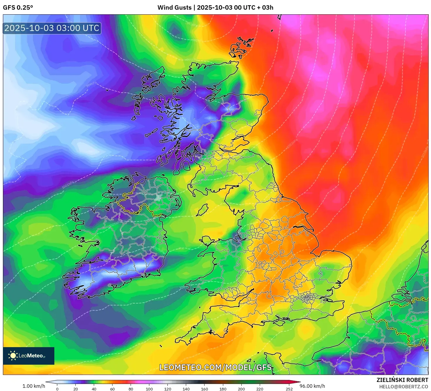 GFS model - United Kingdom, Wind Gusts