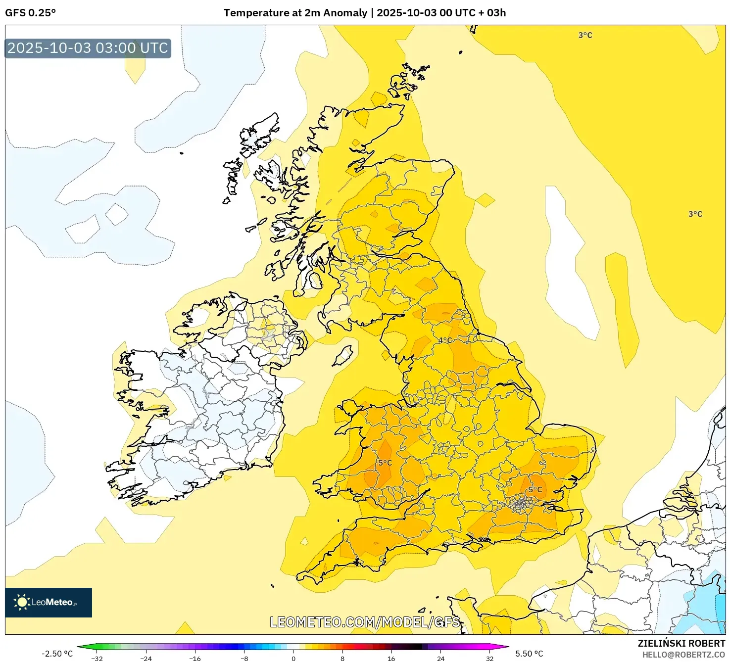 GFS model - United Kingdom, Temperature at 2m Anomaly