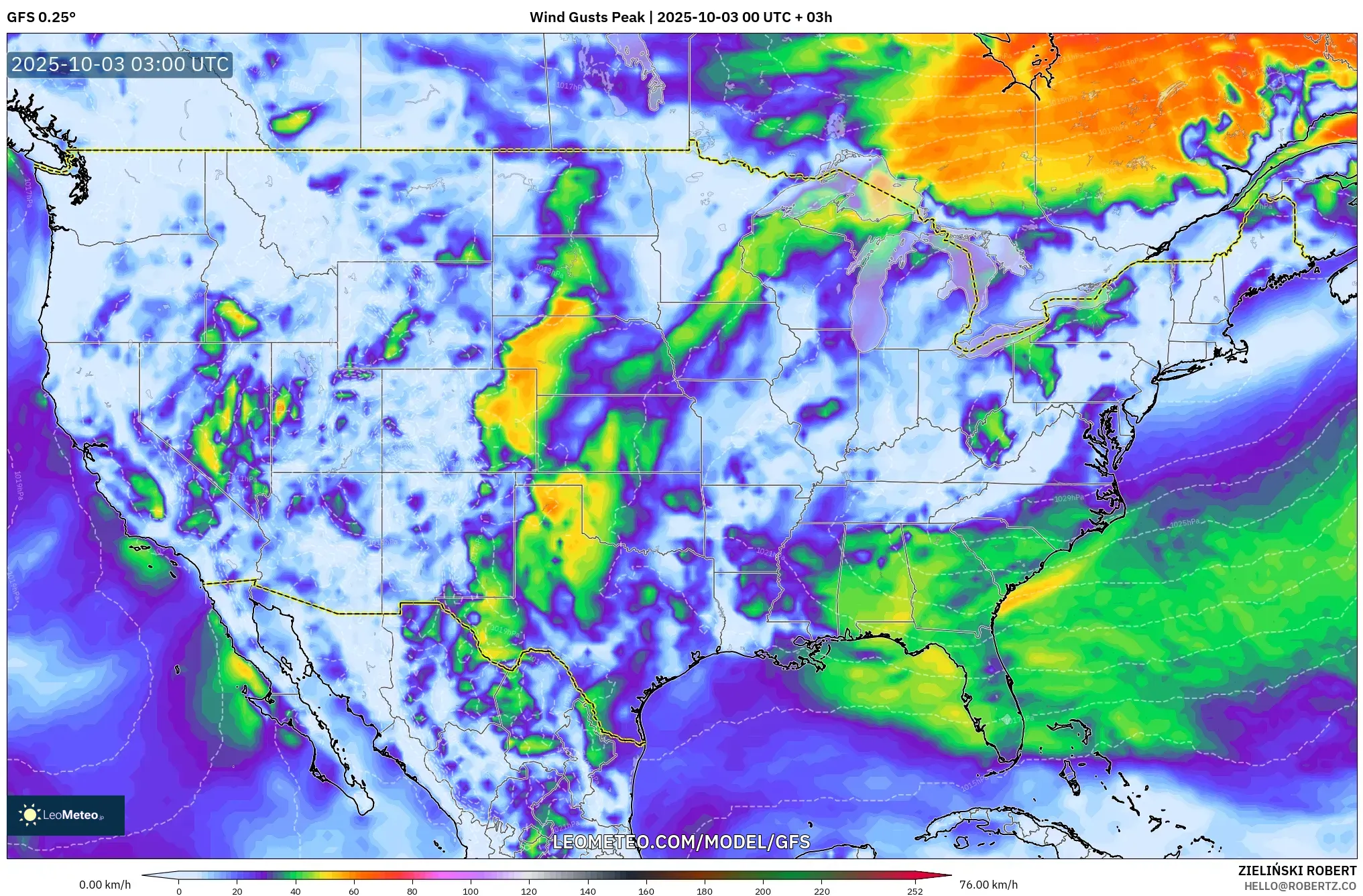 GFS model - United States, Wind Gusts Peak