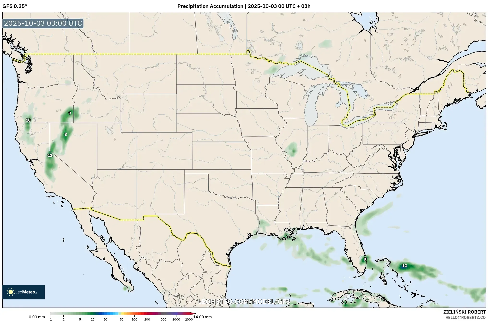 GFS model - United States, Precipitation Accumulation