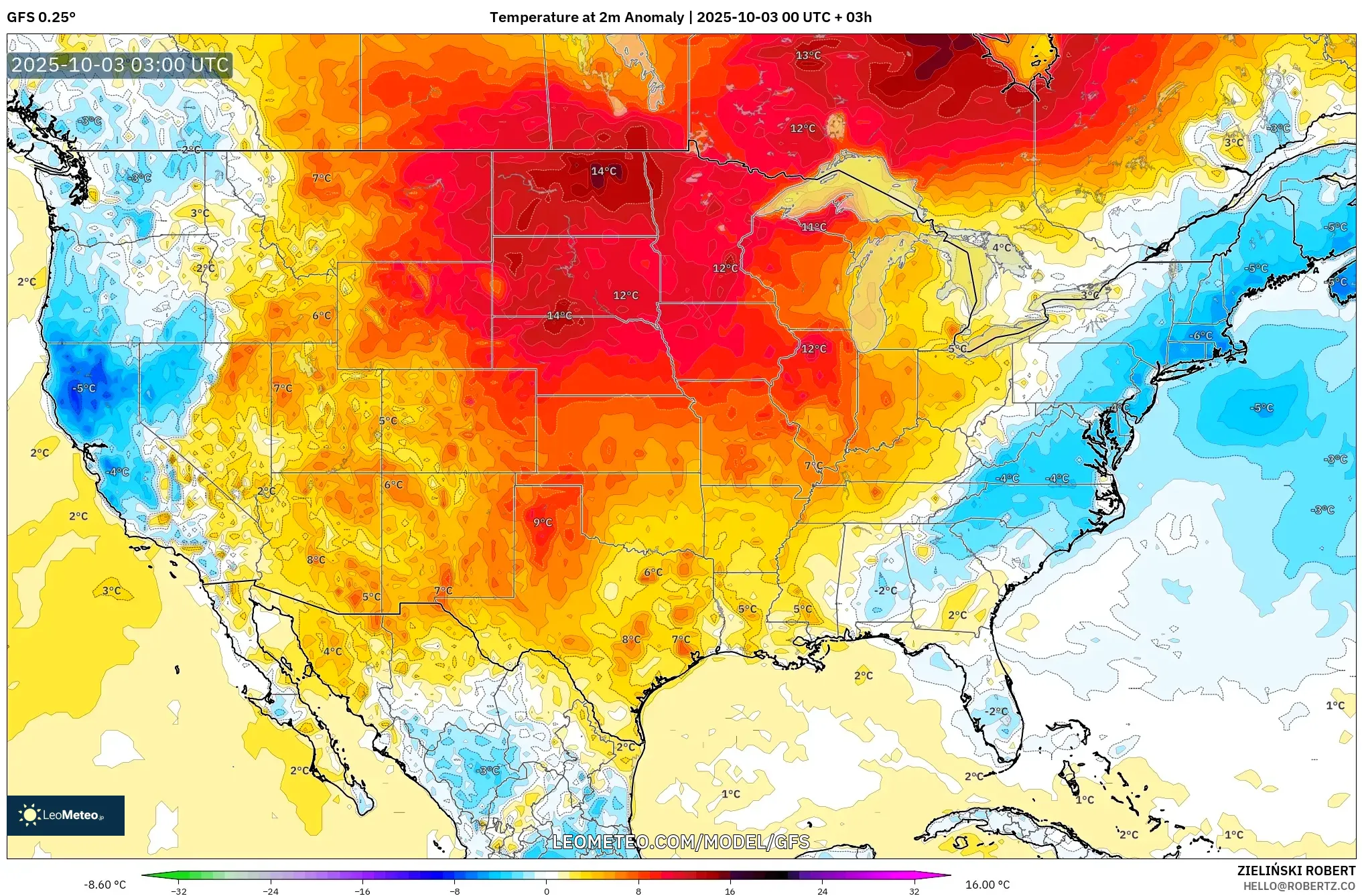 GFS model - United States, Temperature at 2m Anomaly