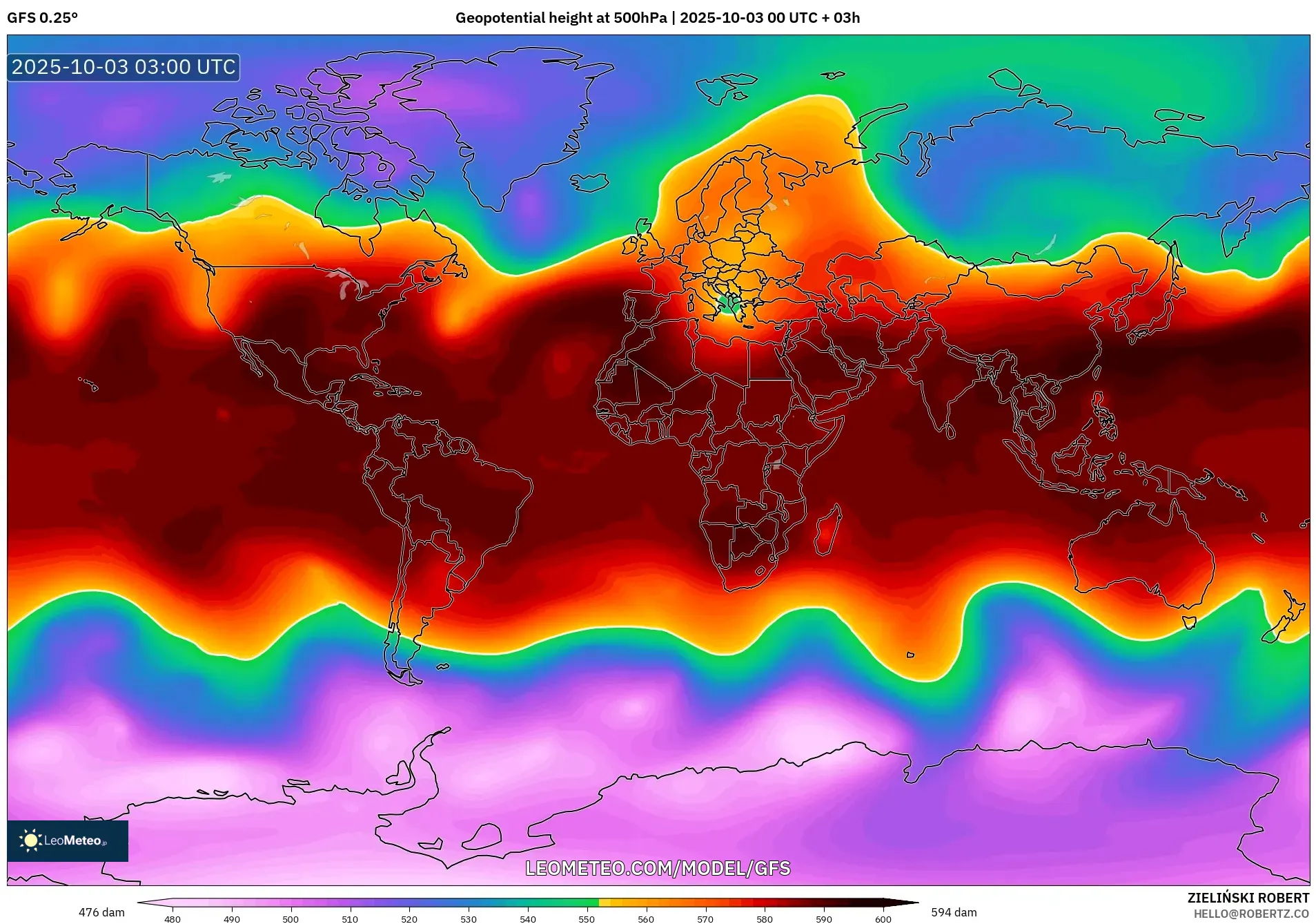 GFS model - World, Geopotential height at 500hPa