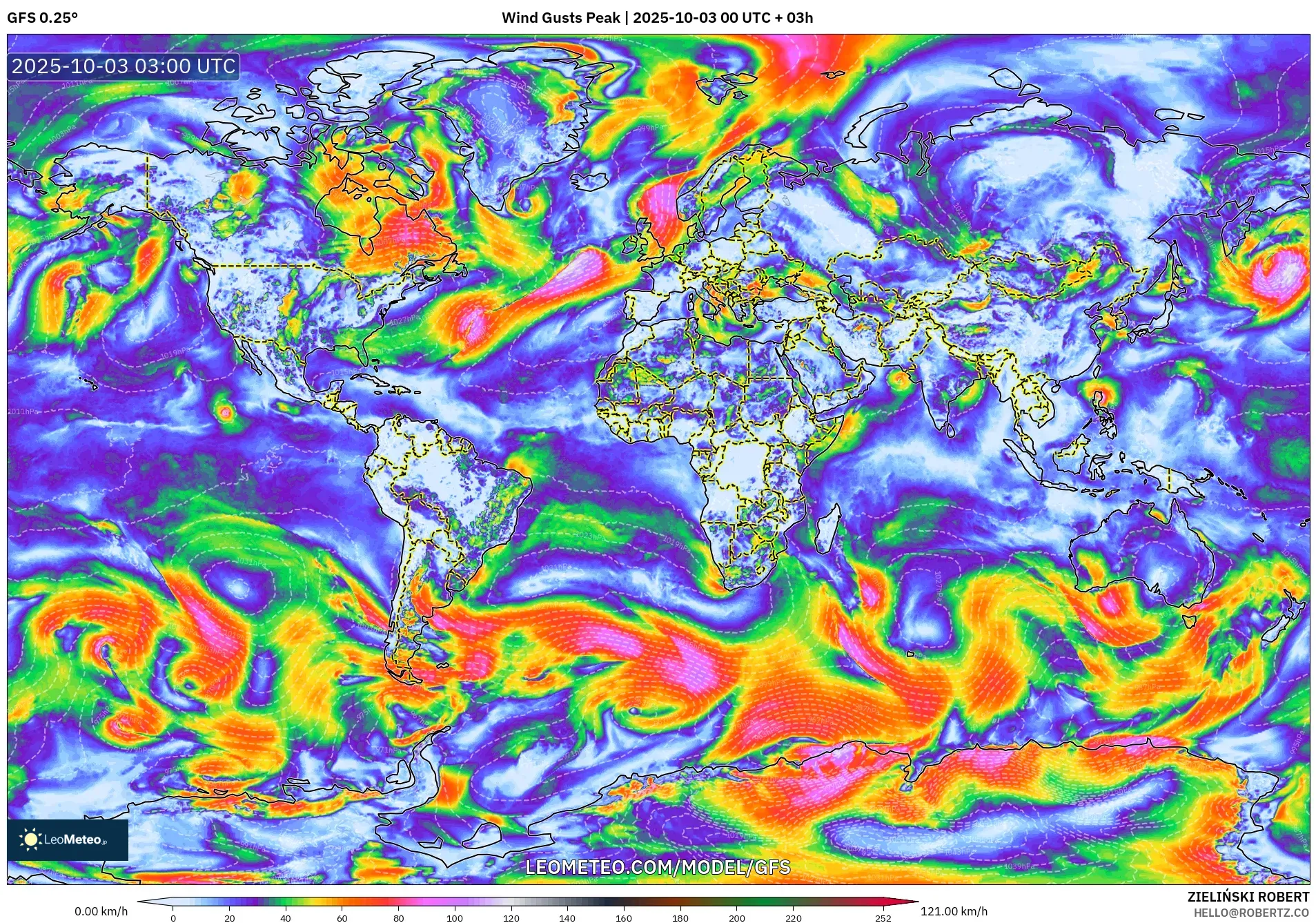 GFS model - World, Wind Gusts Peak