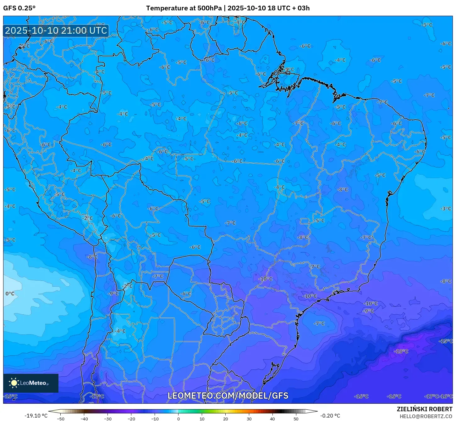 GFS model - Brazil, Temperature at 500hPa GFS model - Brazil, Temperature at 500hPa