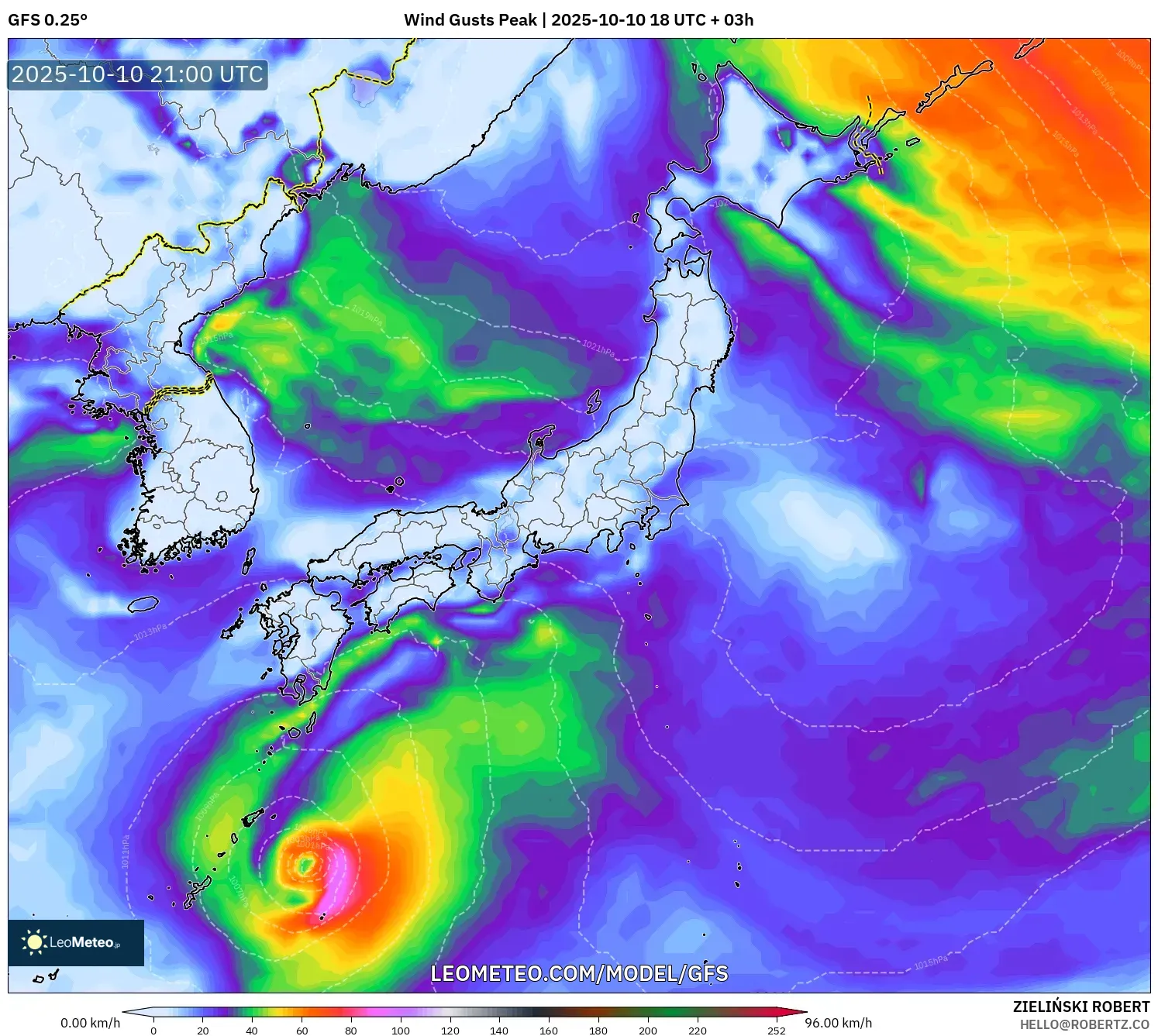 GFS model - Japan, Wind Gusts Peak GFS model - Japan, Wind Gusts Peak