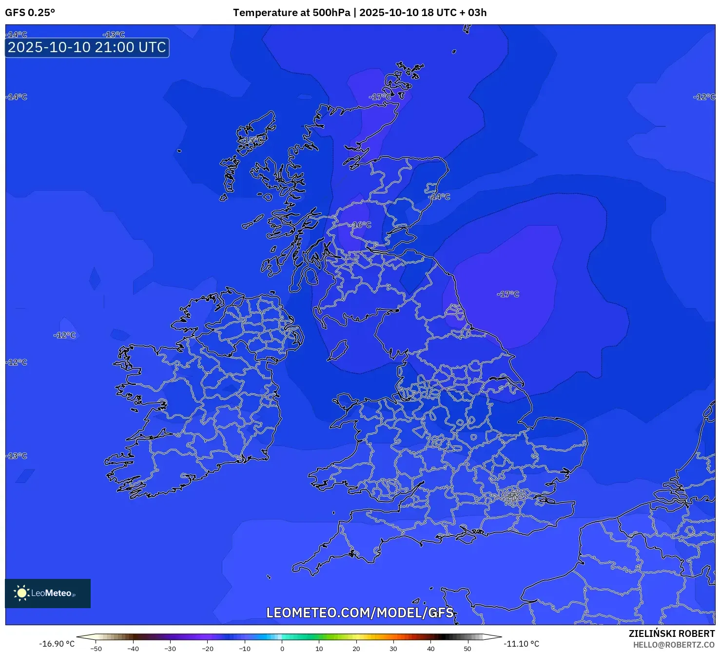 GFS model - United Kingdom, Temperature at 500hPa GFS model - United Kingdom, Temperature at 500hPa