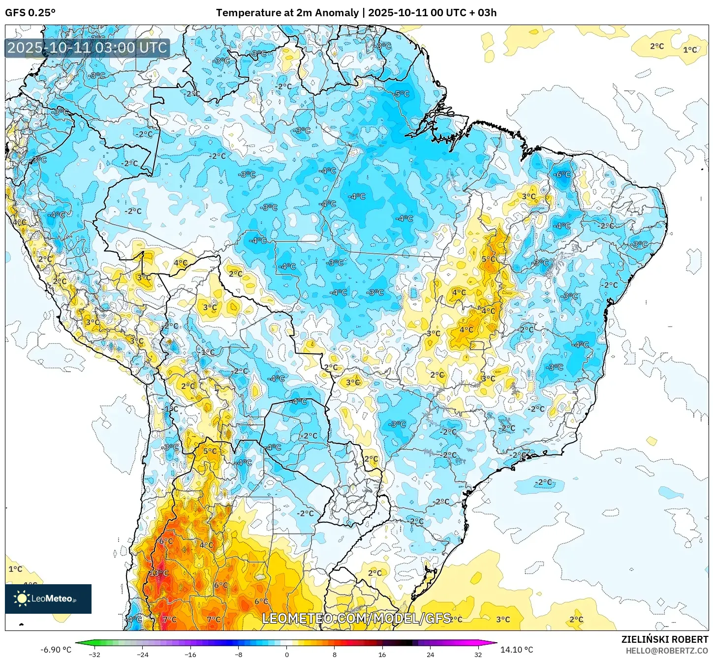 GFS model - Brazil, Temperature at 2m Anomaly GFS model - Brazil, Temperature at 2m Anomaly