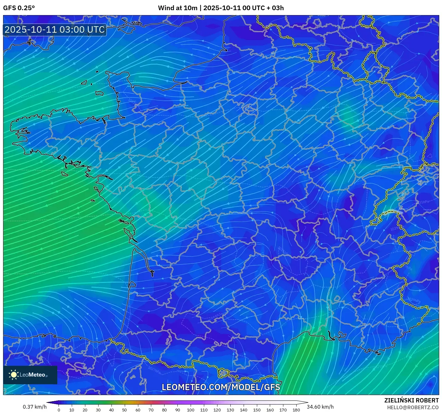GFS model - France, Wind at 10m GFS model - France, Wind at 10m