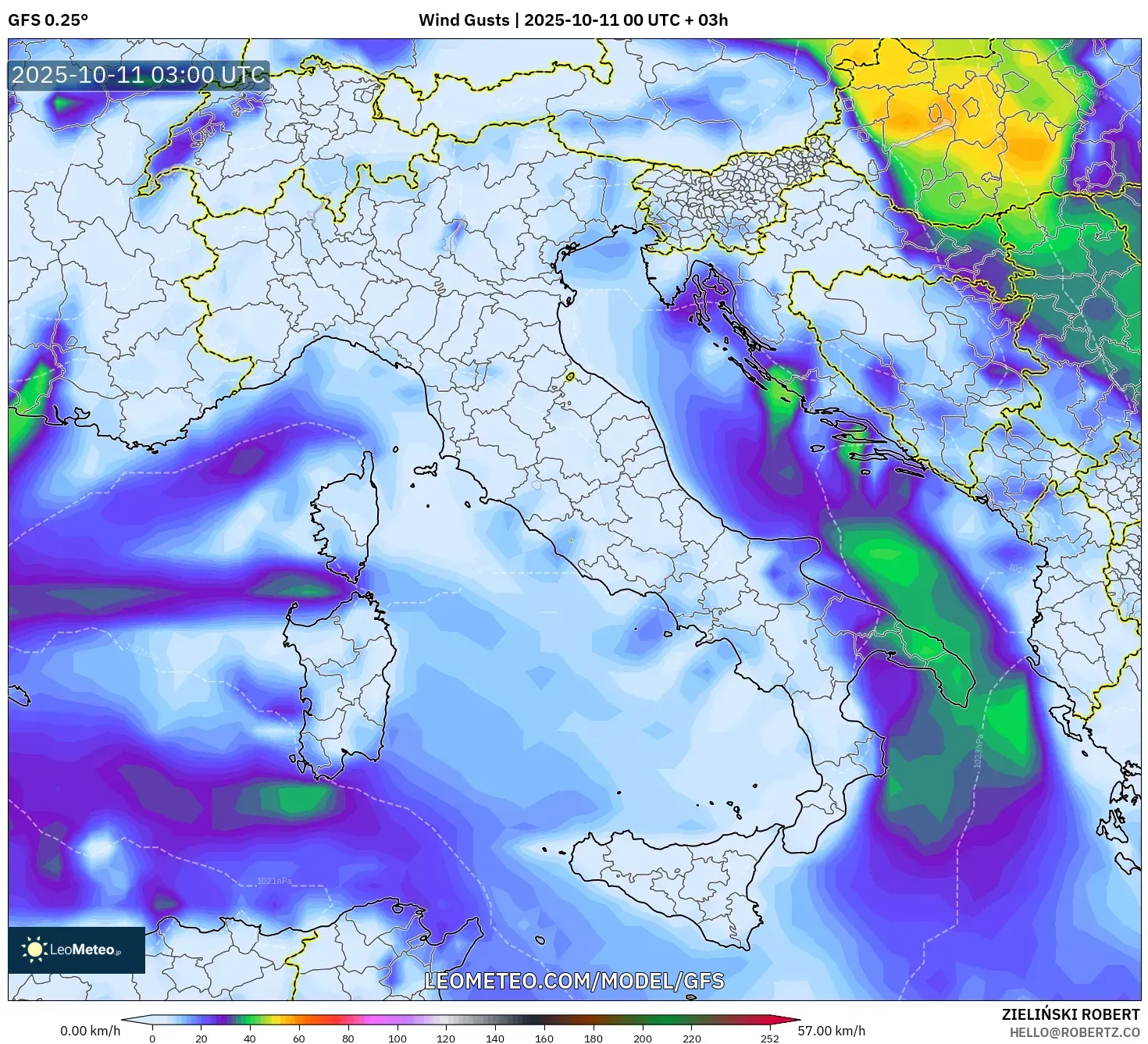 GFS model - Italy, Wind Gusts GFS model - Italy, Wind Gusts