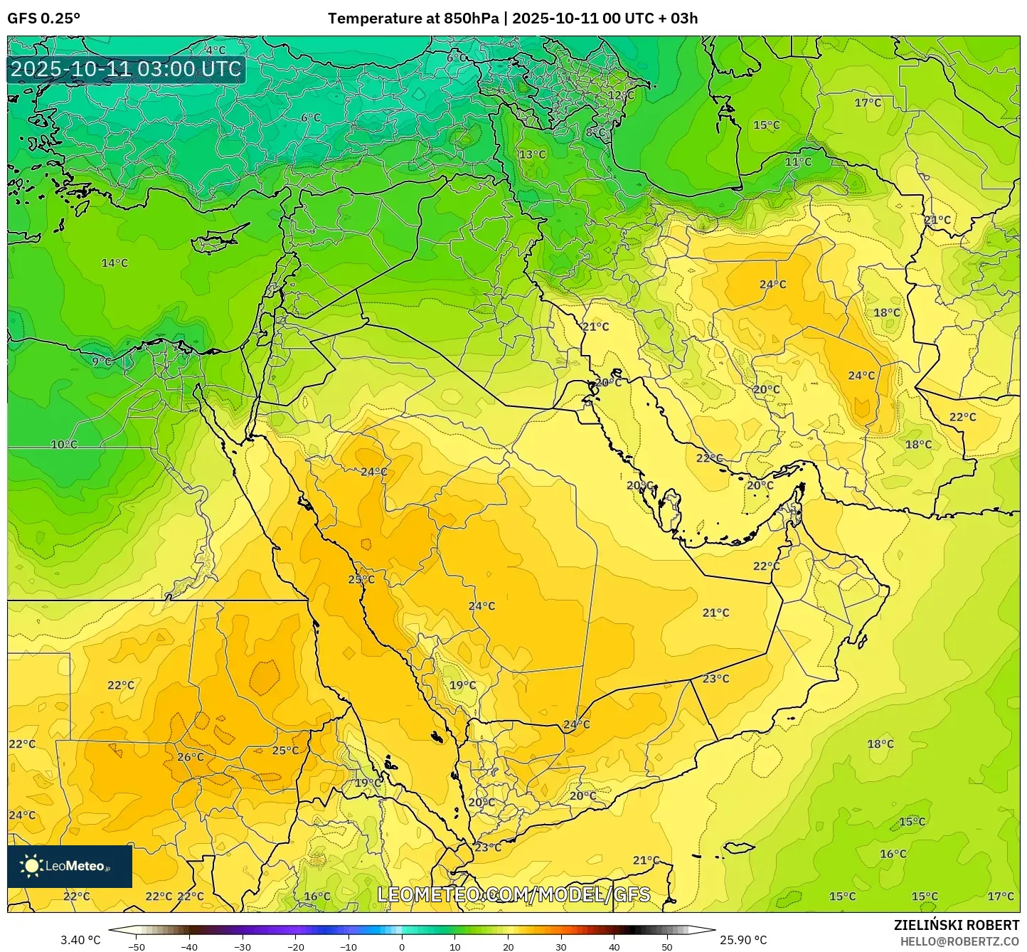 GFS model - Middle East, Temperature at 850hPa GFS model - Middle East, Temperature at 850hPa