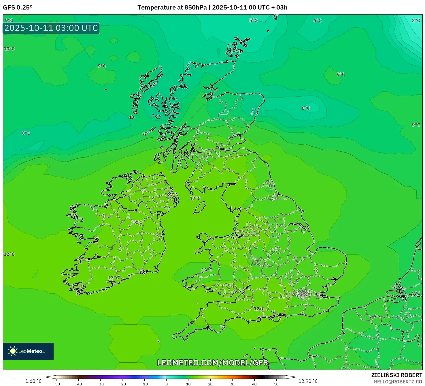 GFS model - United Kingdom, Temperature at 850hPa GFS model - United Kingdom, Temperature at 850hPa